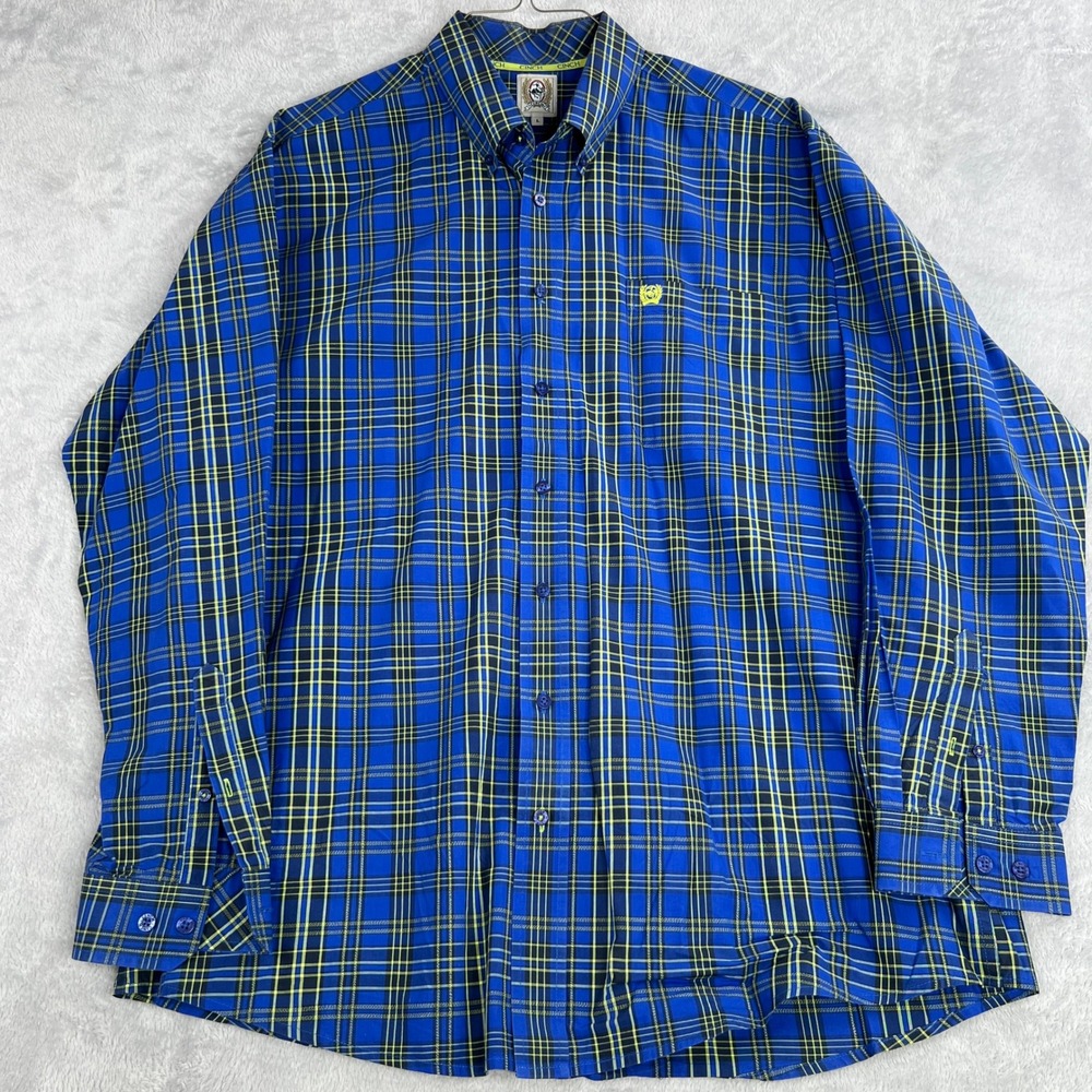 Cinch Plaid Button Down Shirt L Blue Yellow Men Western Cowboy Classic Fit